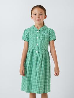 John Lewis School Belted Gingham Checked Summer Dress, Green Mid