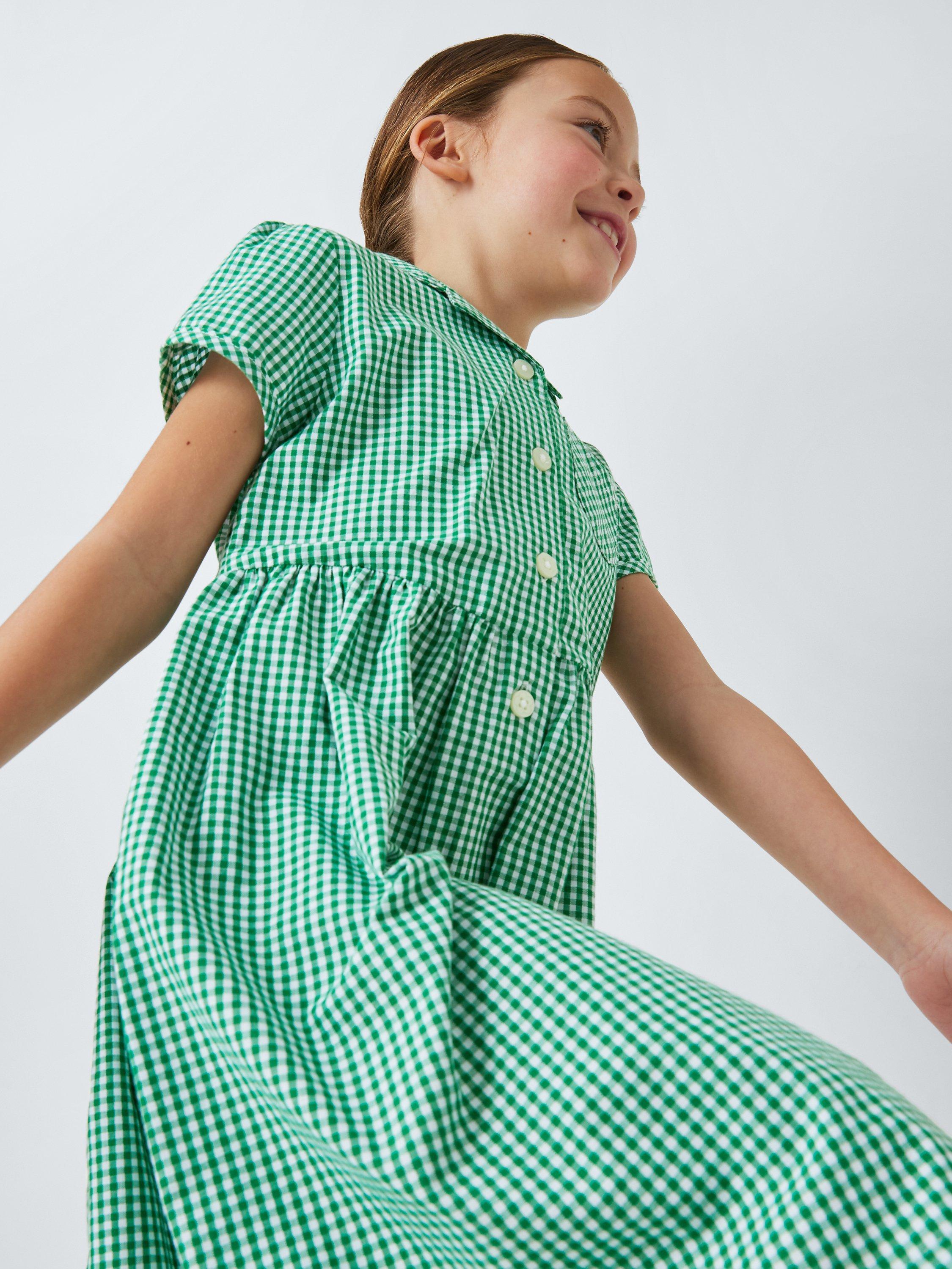 John Lewis School Belted Gingham Checked Summer Dress Green Mid