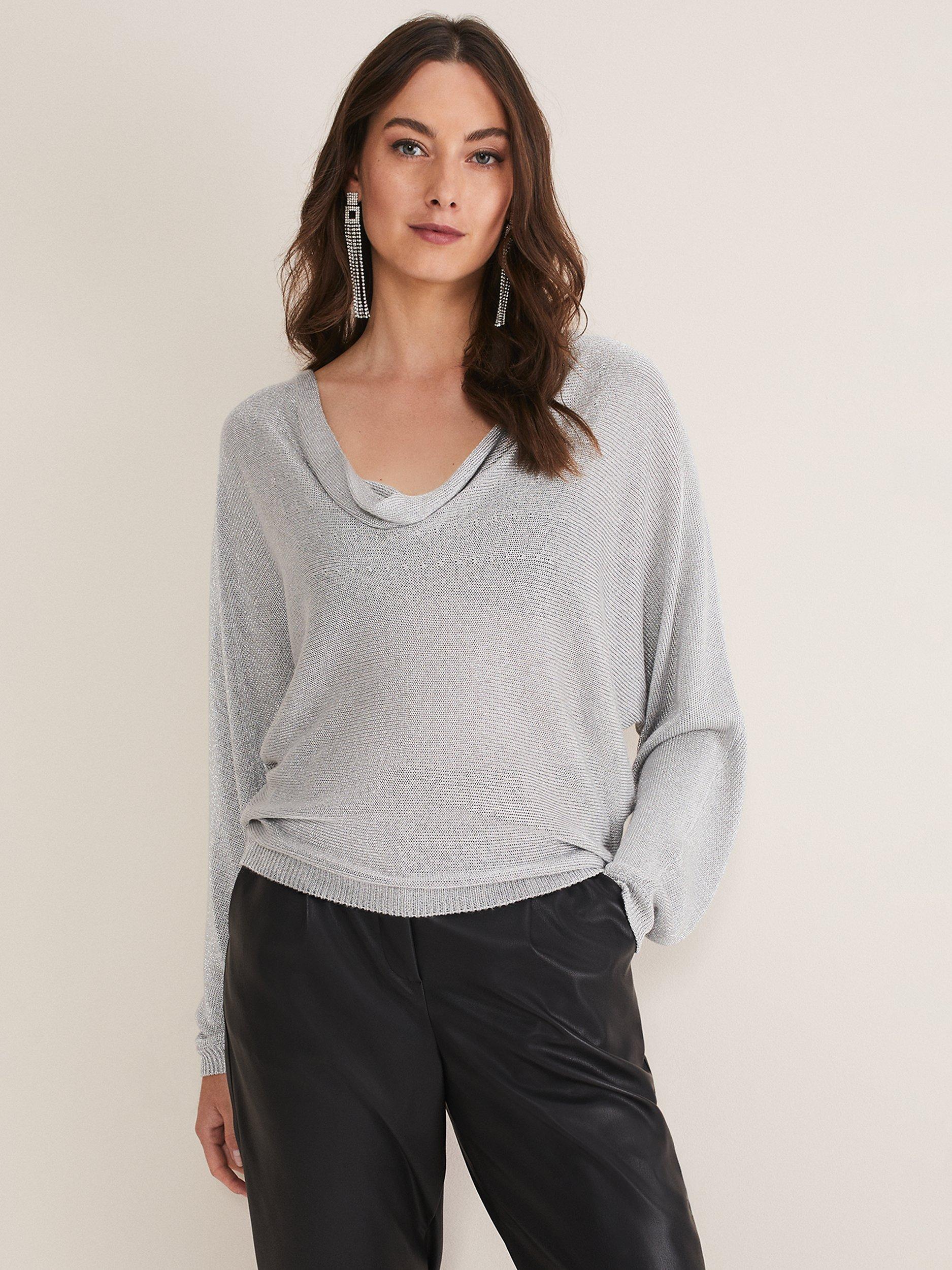 Phase Eight Malti Metallic Cowl Neck Knit Top, Silver