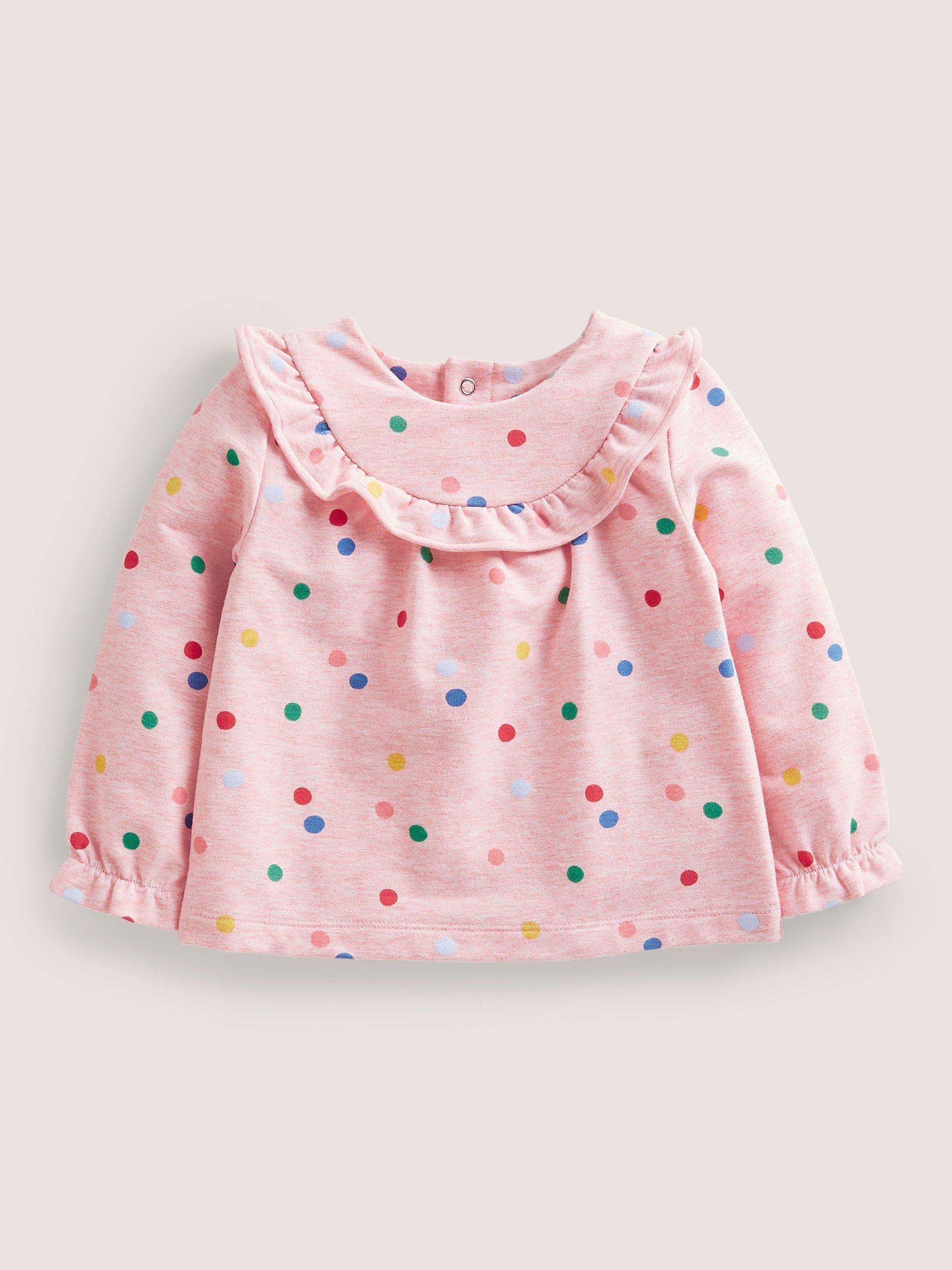 Mini Boden Baby Cosy Spot Print Ruffle Top, Pink