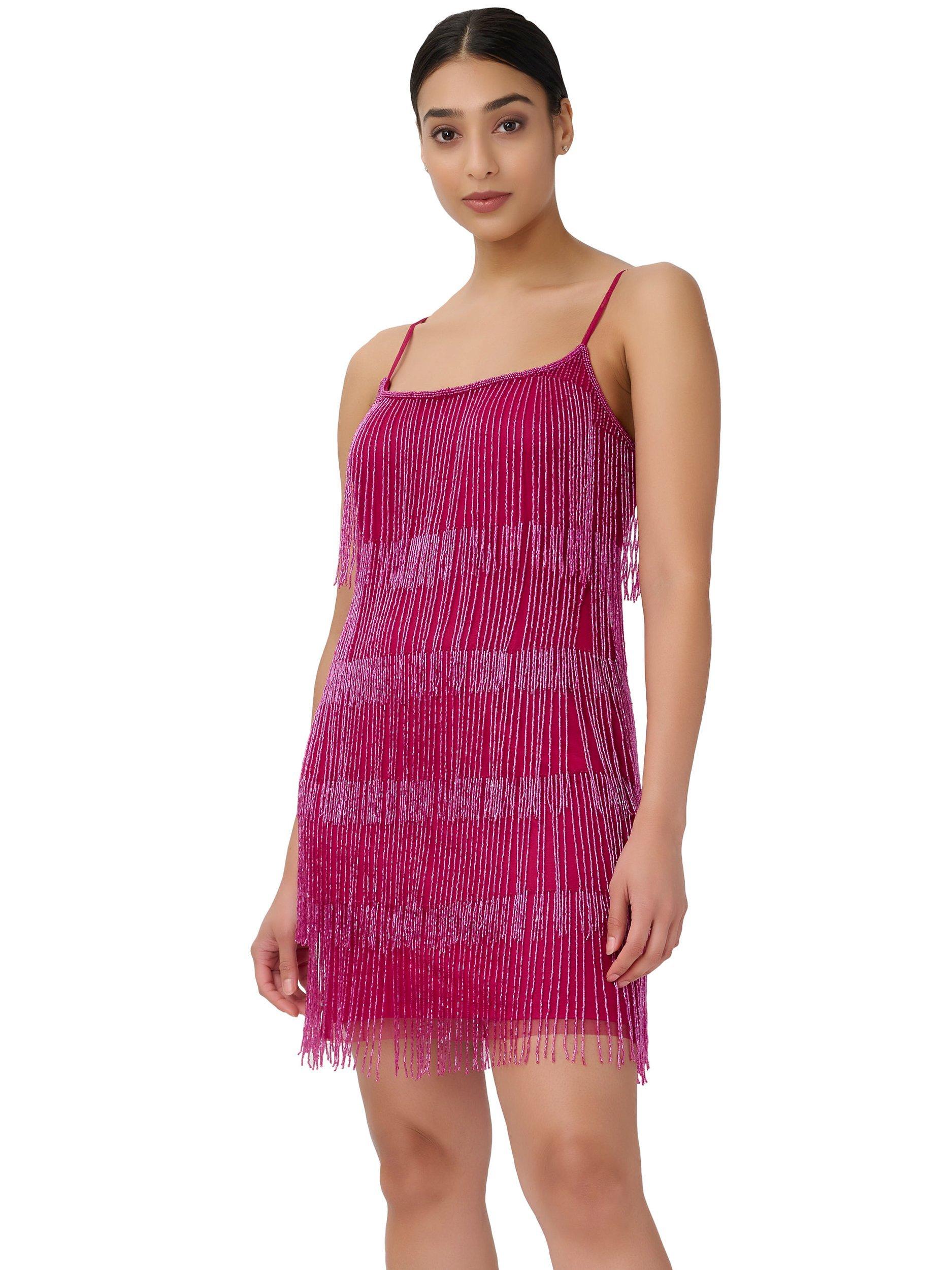 Adrianna Papell Beaded Fringe Mini Dress Raspberry Wine 18
