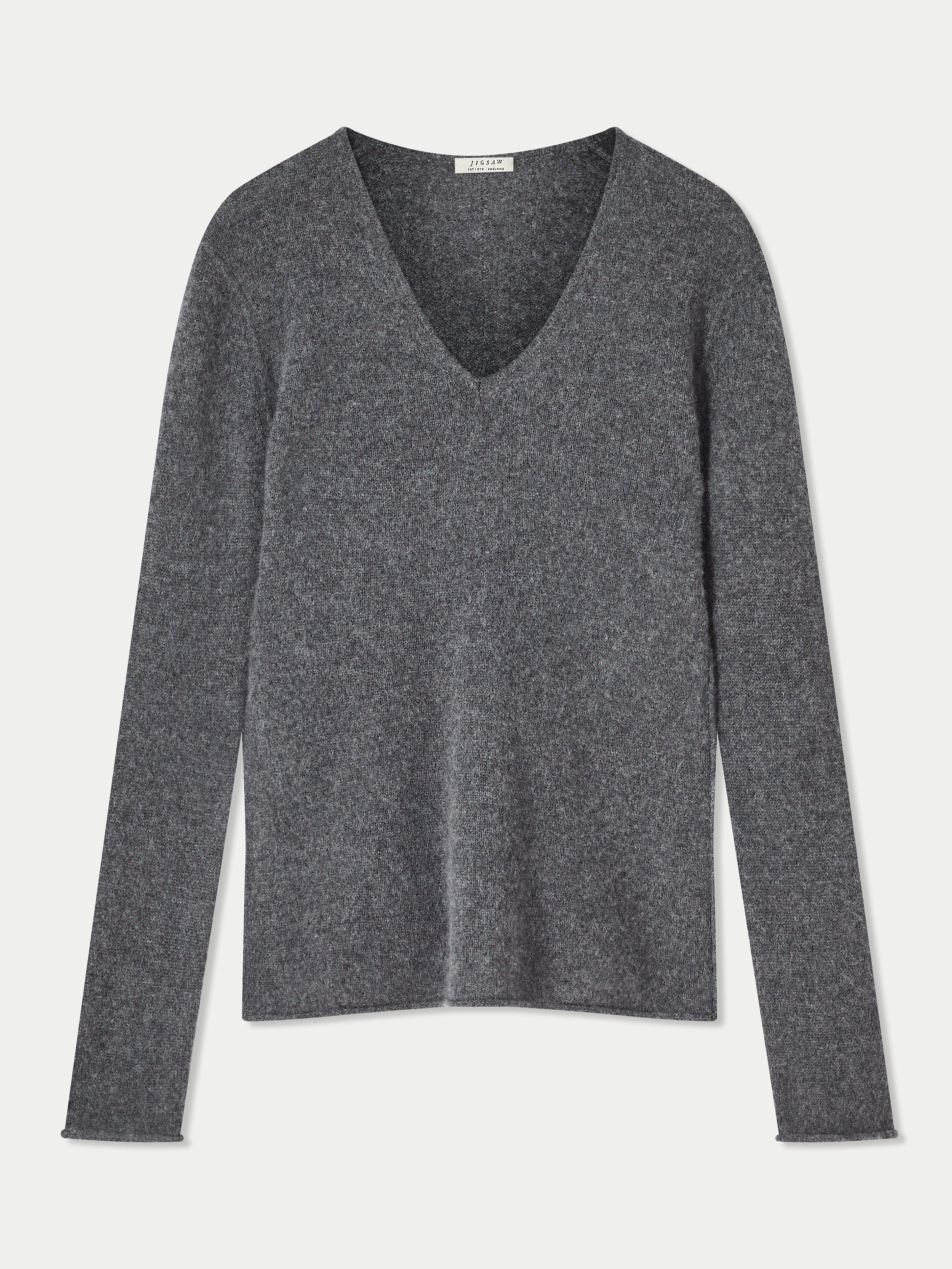 Jigsaw Cloud Cashmere V-Neck Jumper, Grey, XL