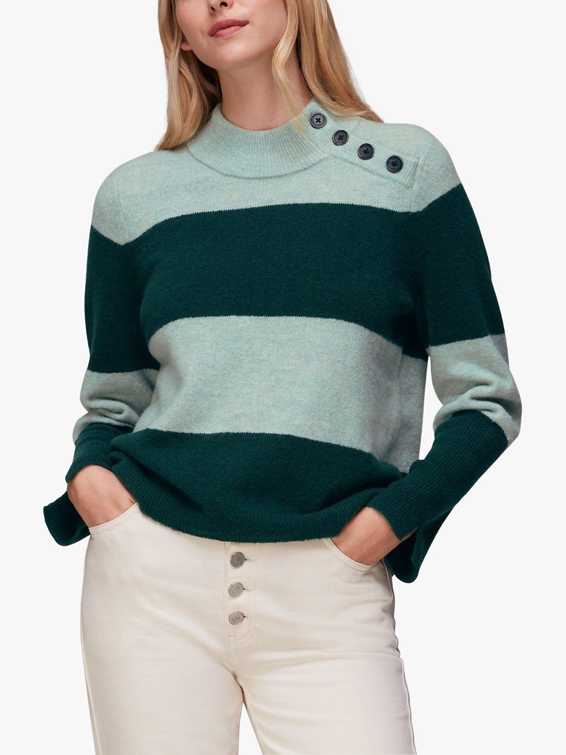 Whistles Stripe Button Neck Wool Blend Jumper, Green/Multi