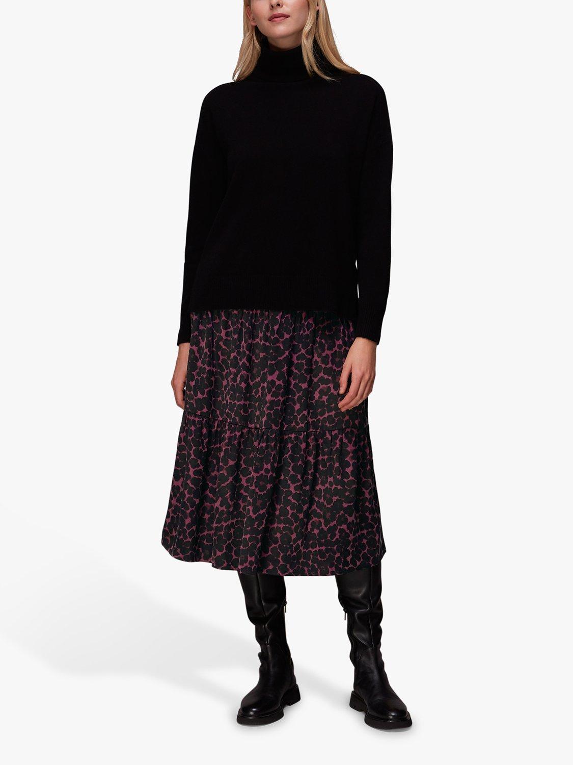 Whistles Smudge Animal Print Tiered Midi Skirt, Pink/Multi