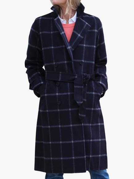 Pure Collection Double Faced Check Longline Coat, Navy, Navy