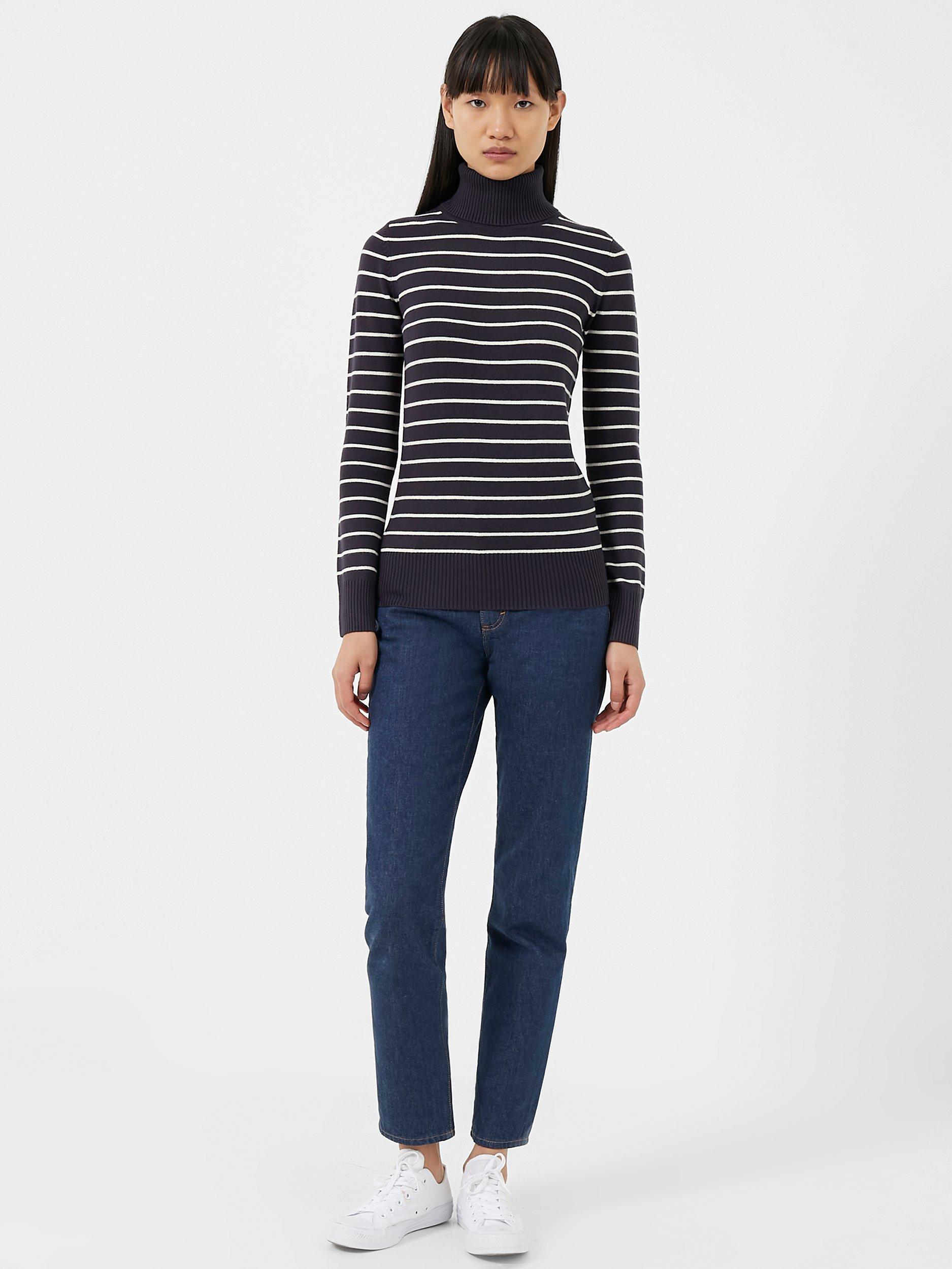 French Connection Babysoft Stripe Turtle Neck Jumper, Navy/Cream