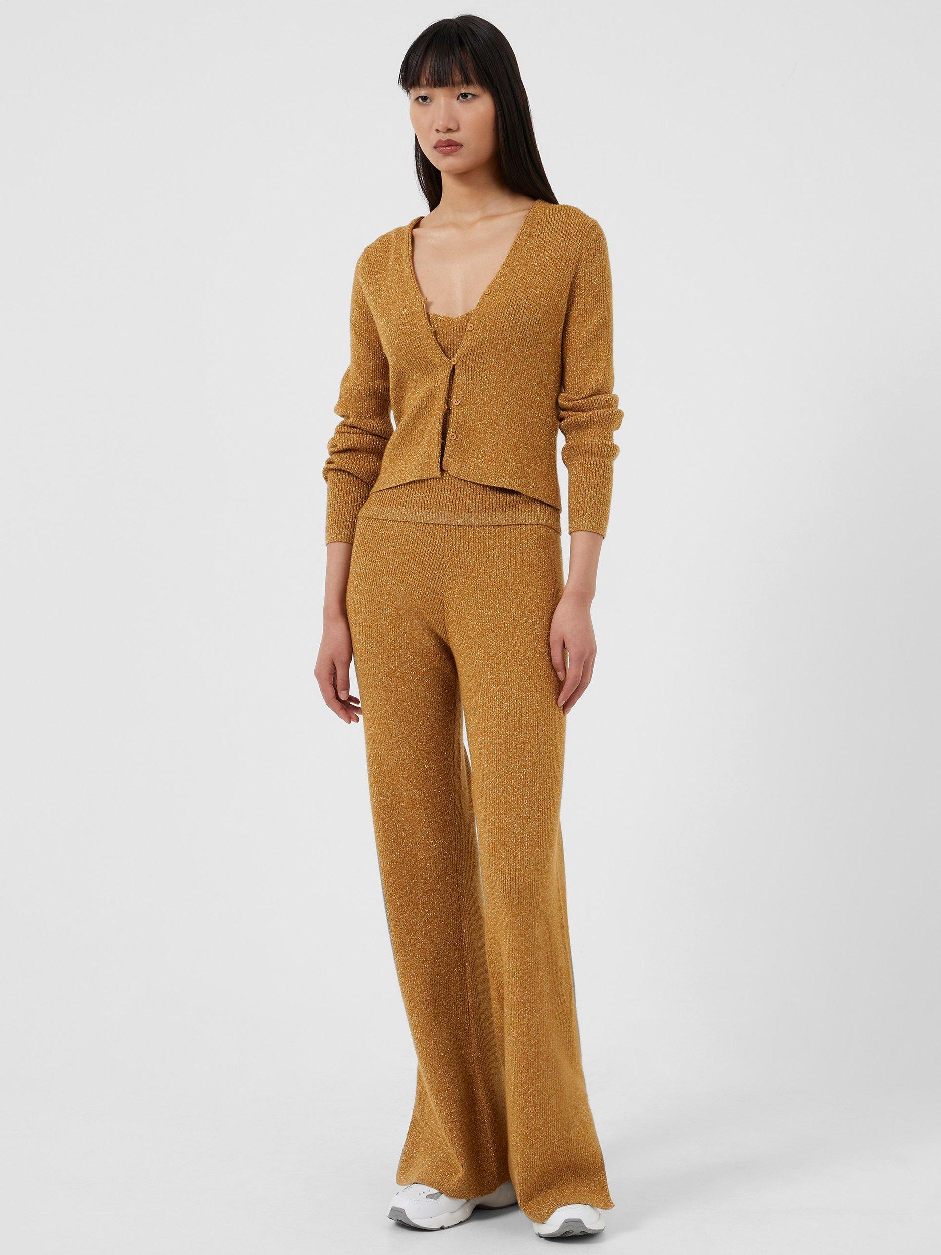 French Connection Nella Metallic Thread Knit Ribbed Trousers, Gold/Brown