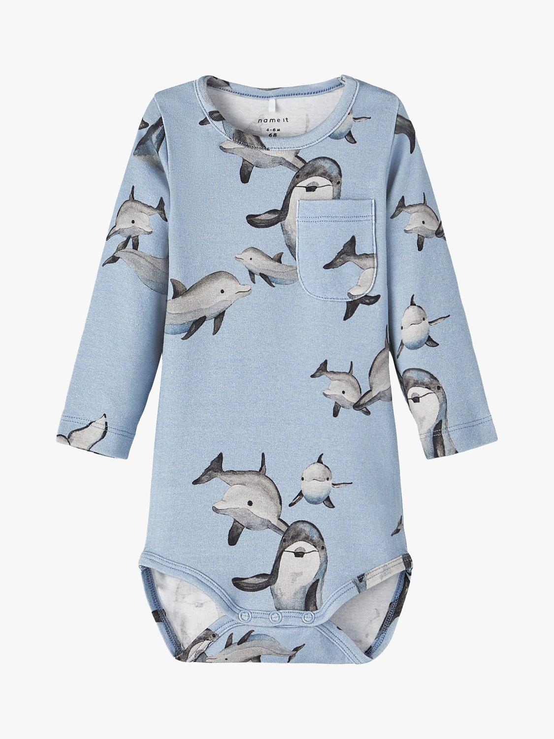 NAME IT Baby Organic Cotton Dolphin Bodysuit, Dusty Blue
