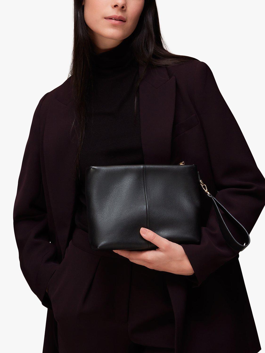 Product image 5 of 5, which shows Whistles Avah Zip Top Leather Clutch Bag, Black