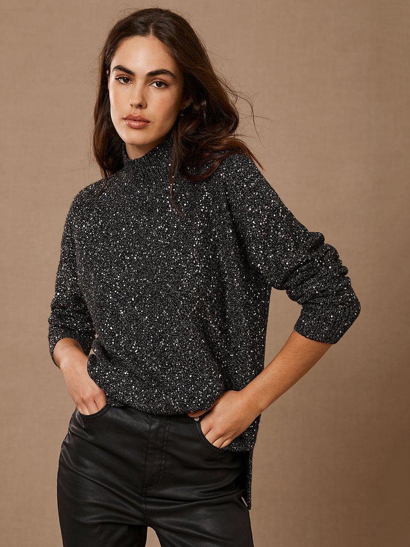 Mint Velvet Sequin High Neck Jumper, Black