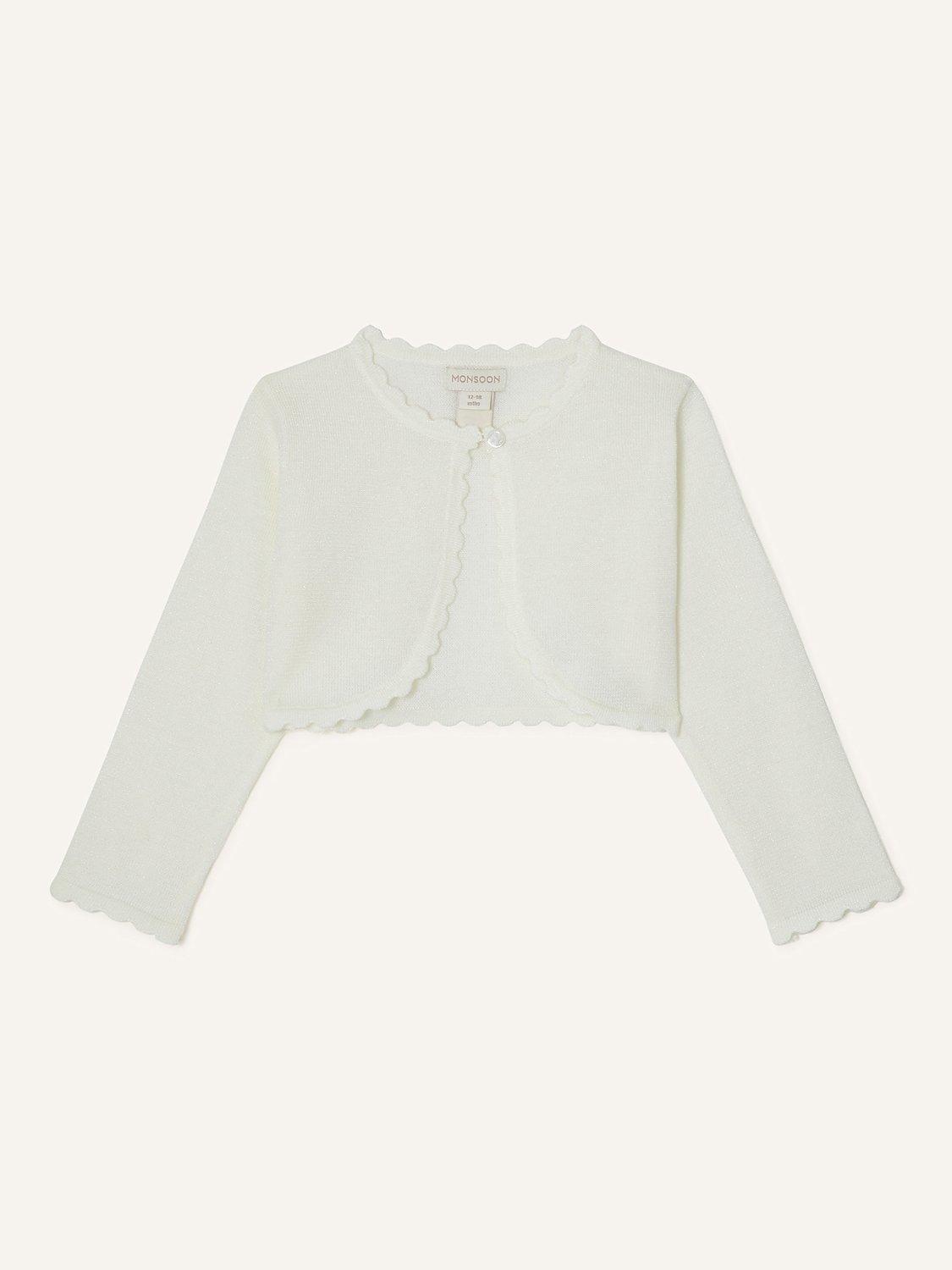 Product image 1 of 3, which shows Monsoon Baby Niamh Scallop Trim Cardigan, Ivory, 0-3 months