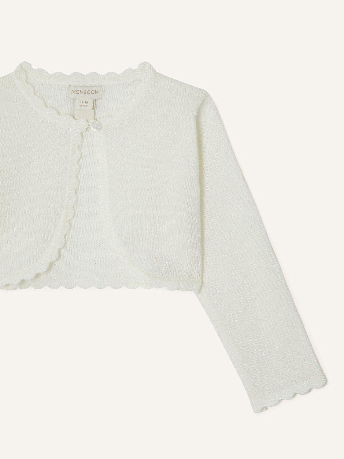 Product image 3 of 3, which shows Monsoon Baby Niamh Scallop Trim Cardigan, Ivory, 0-3 months