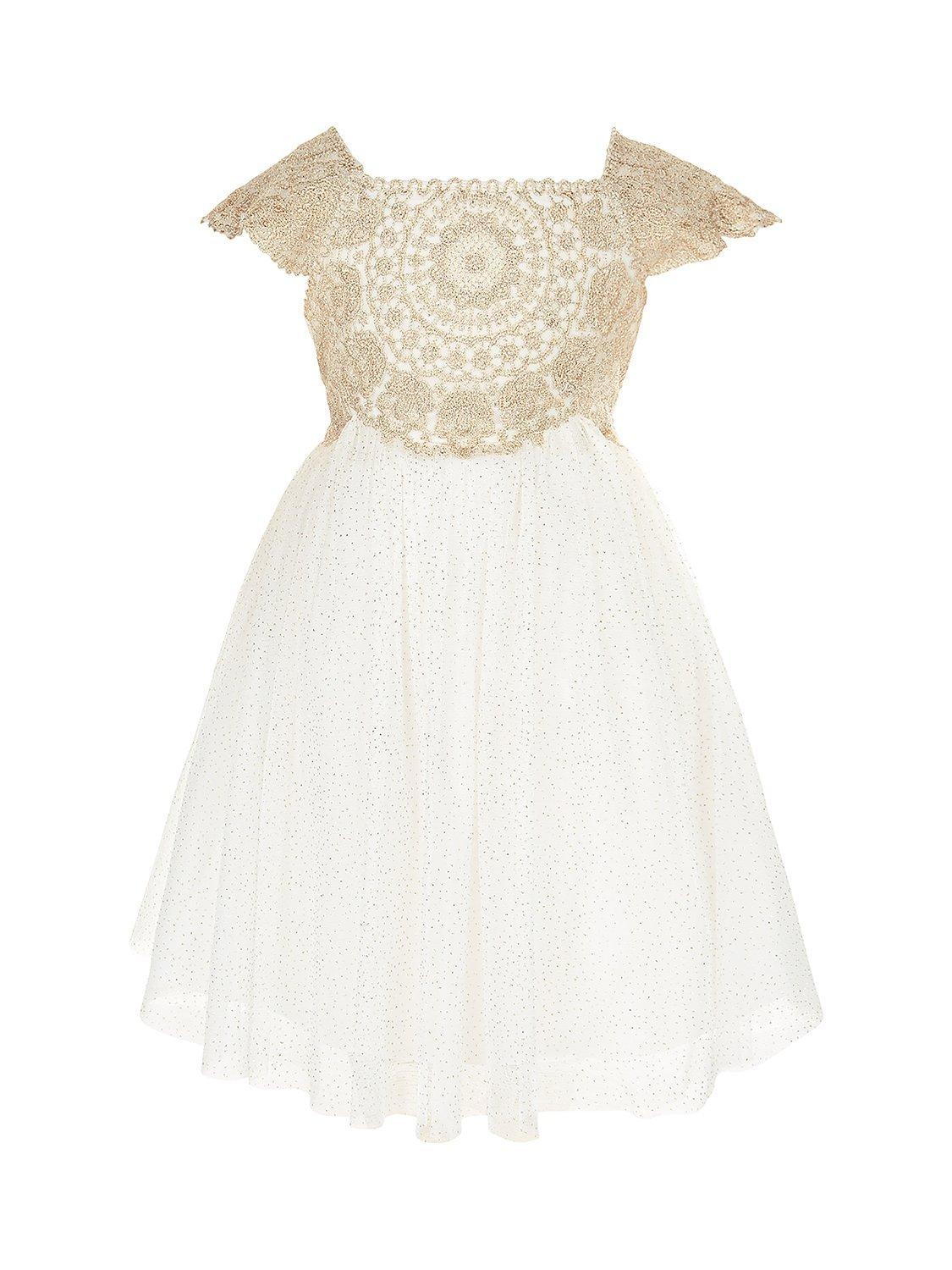 Product image 1 of 3, which shows Monsoon Baby Estella Embroidered Bodice Party Dress, Gold, 0-3 months
