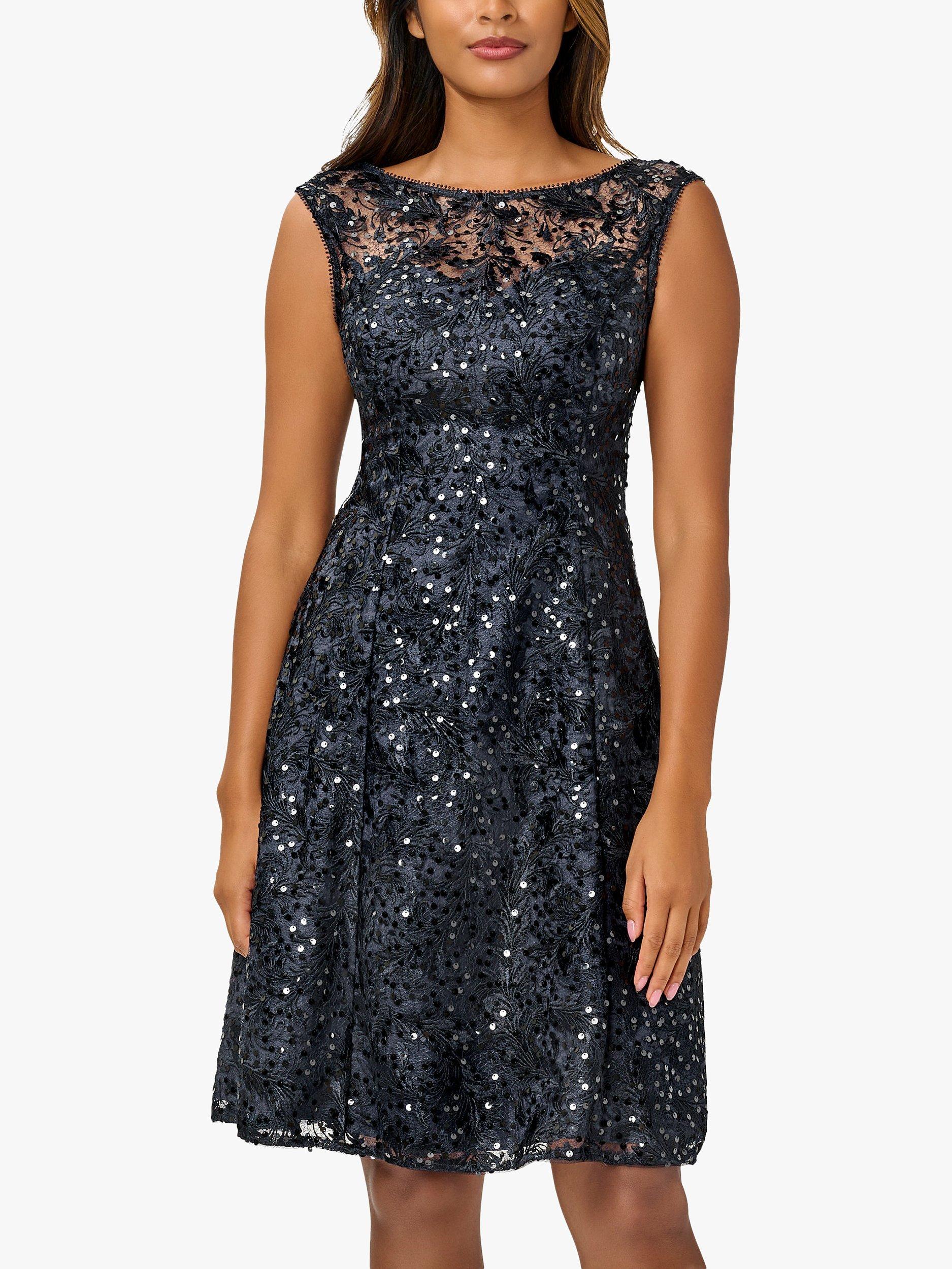 Adrianna Papell Embroidered Sequin Detail Cocktail Dress, Midnight