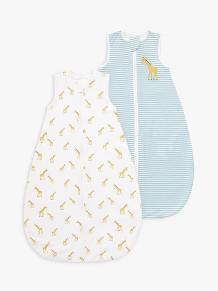 John Lewis Giraffe Baby Sleeping Bag, 0.5/1.5 Tog, Pack of 2, White/Multi