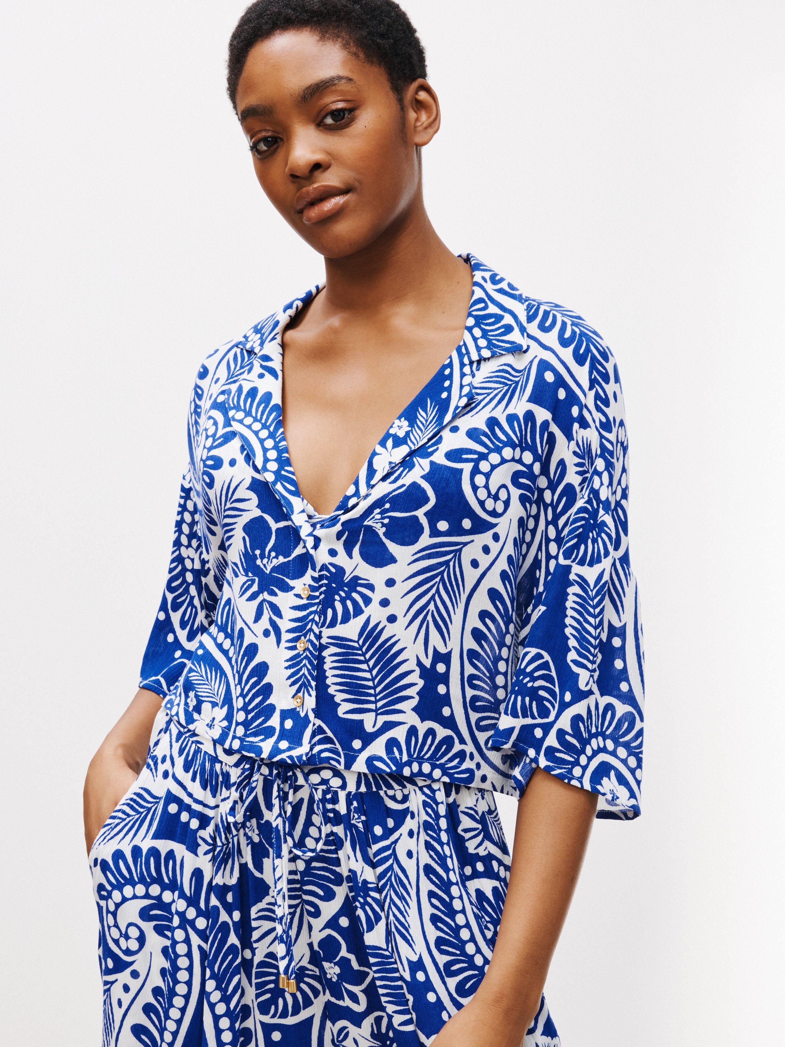 John Lewis Lucia Paisley Boxy Shirt, Blue/Ivory