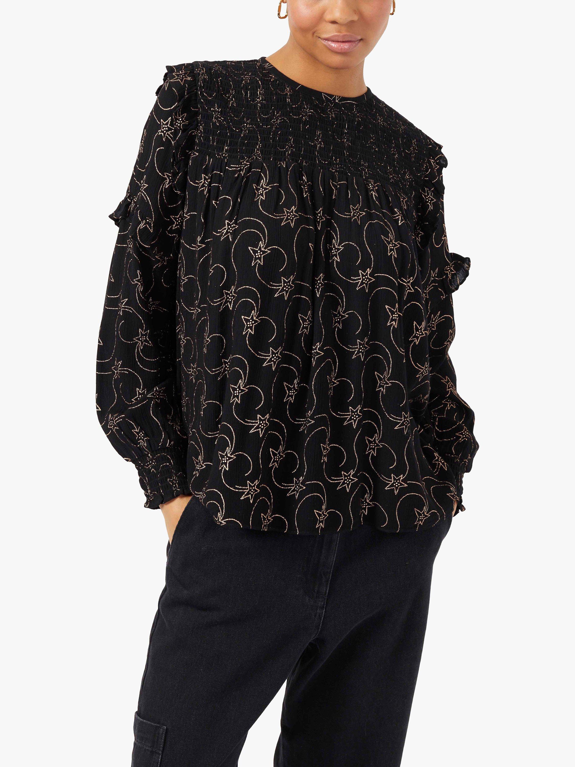 Great Plains Stellar Foil Round Neck Top, Black/Gold