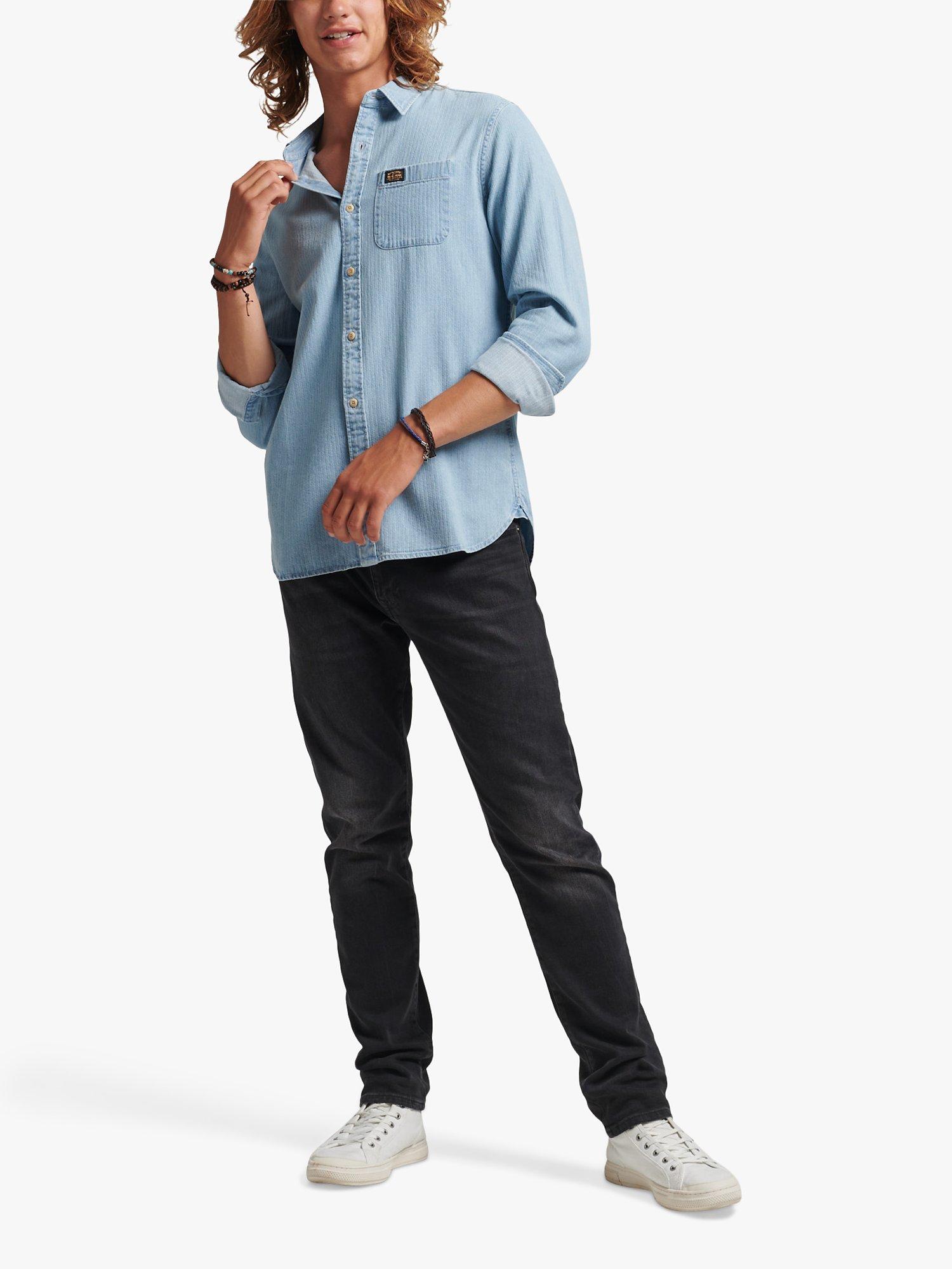 Superdry Cotton Workwear Long Sleeve Shirt, Light Wash Herringbone, XXXL