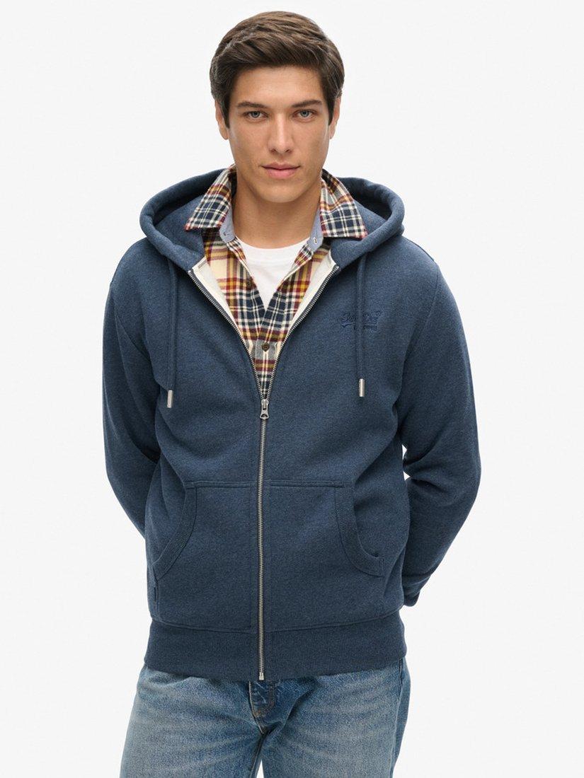 Product image 1 of 6, which shows Superdry Organic Cotton Vintage Logo Embroidered Zip Hoodie, Vintage Navy Marl, S