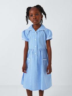 John Lewis Kids' School Gingham Cotton A-Line Summer Dress, Blue/White, Blue/White