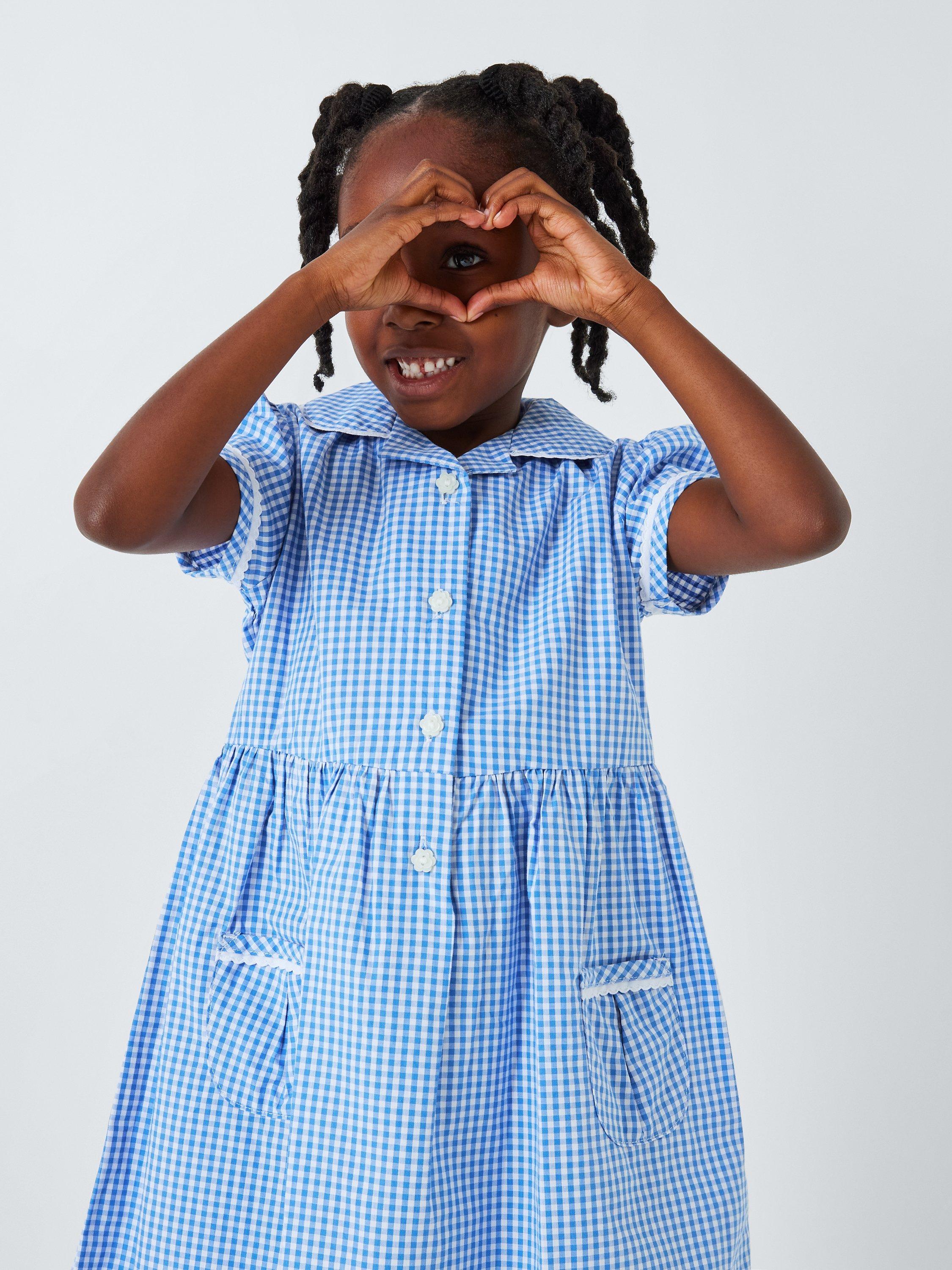 John Lewis Kids School Gingham Cotton A Line Dress Blue White