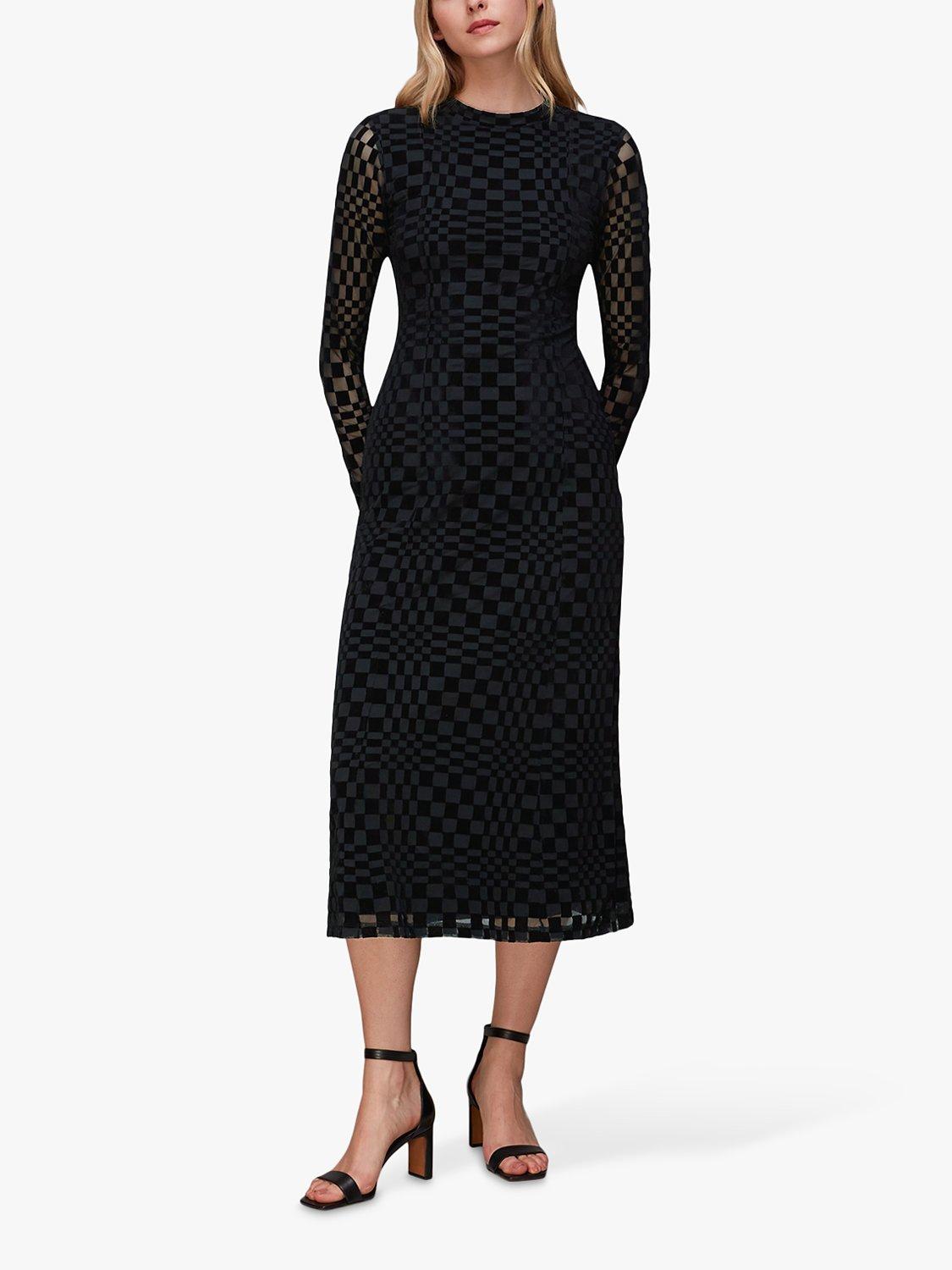 Product image 3 of 5, which shows Whistles Checkerboard Mesh Bodycon Midi Dress, Black, 6