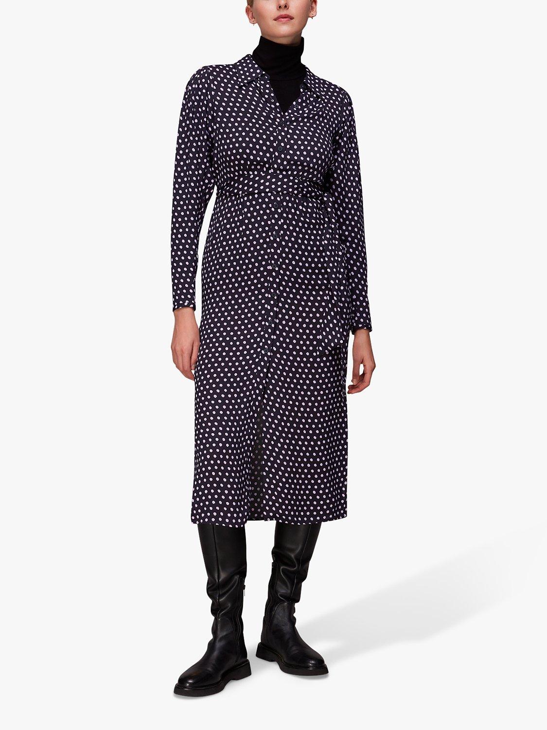 Whistles Polka Dot Shirt Midi Dress, Navy
