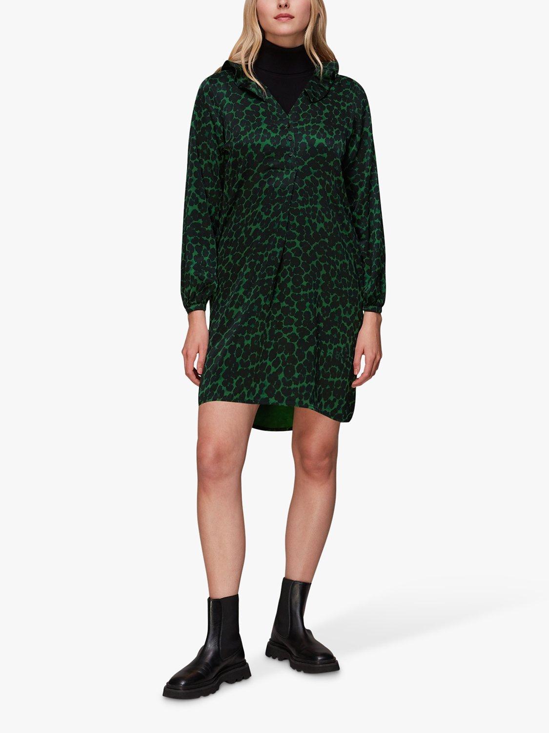 Product image 1 of 6, which shows Whistles Smudge Animal Frill Mini Dress, Green/Multi, XS