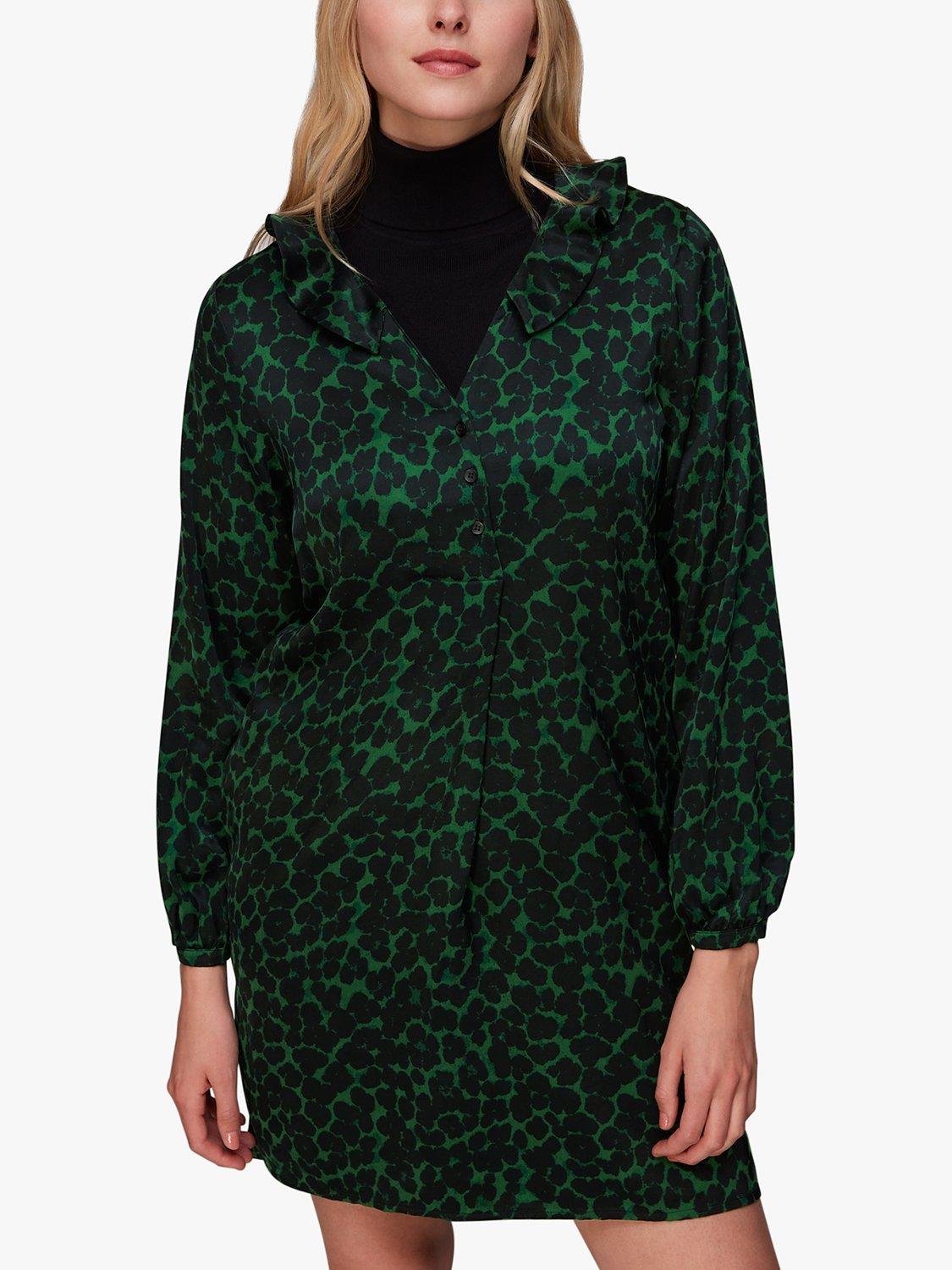 Product image 3 of 6, which shows Whistles Smudge Animal Frill Mini Dress, Green/Multi, XS