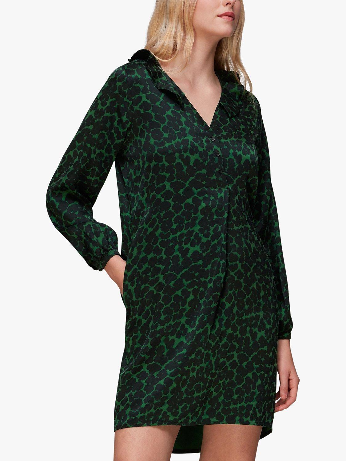Product image 4 of 6, which shows Whistles Smudge Animal Frill Mini Dress, Green/Multi, XS