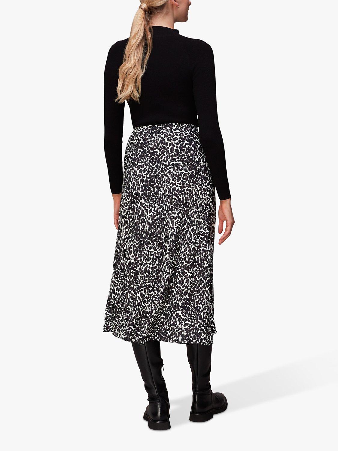 Product image 2 of 6, which shows Whistles Shadow Leopard Print Bias Midi Skirt, Black/Multi, 6