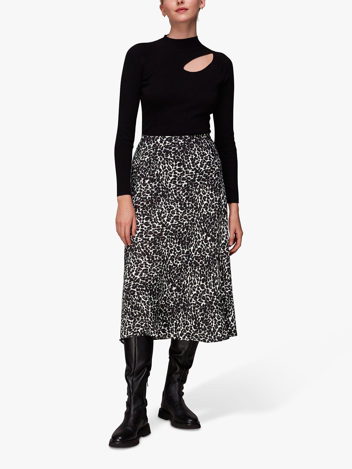 Product image 3 of 6, which shows Whistles Shadow Leopard Print Bias Midi Skirt, Black/Multi, 6