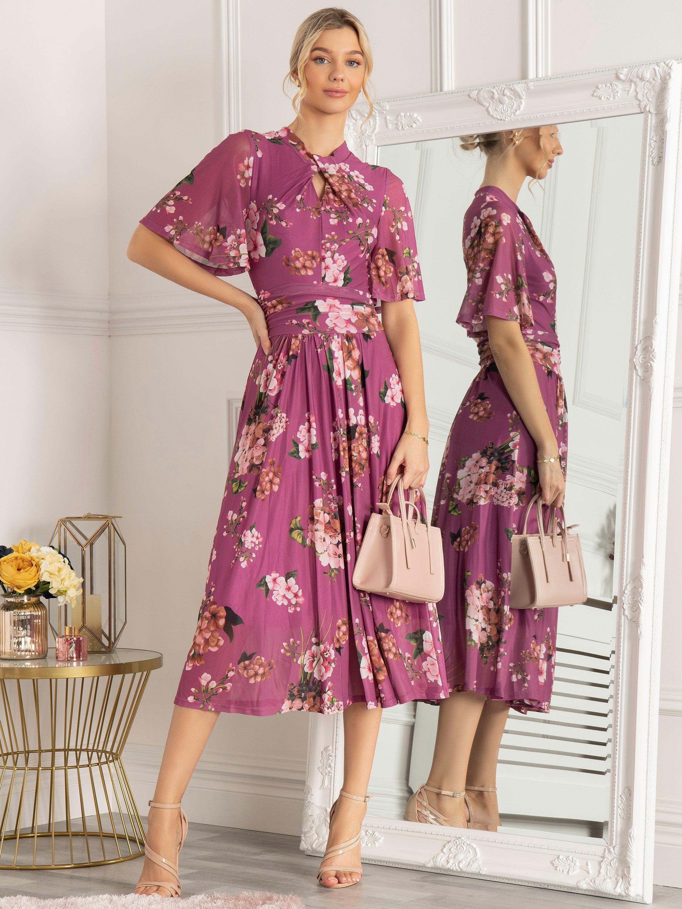 Jolie Moi Danika Keyhole Floral Mesh Midi Dress, Purple