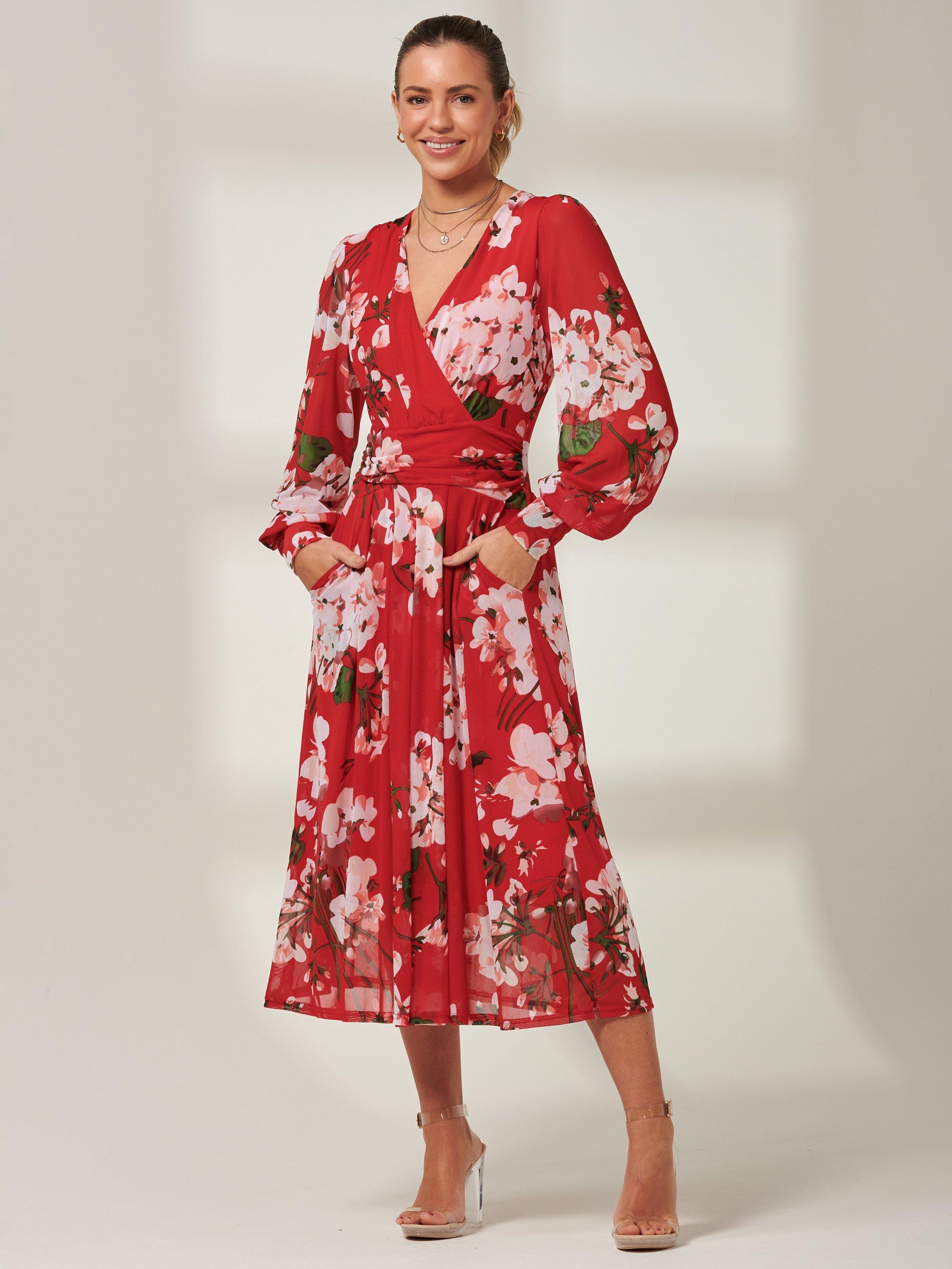 Jolie Moi Eileen Floral Mesh Midi Dress, Red, 8