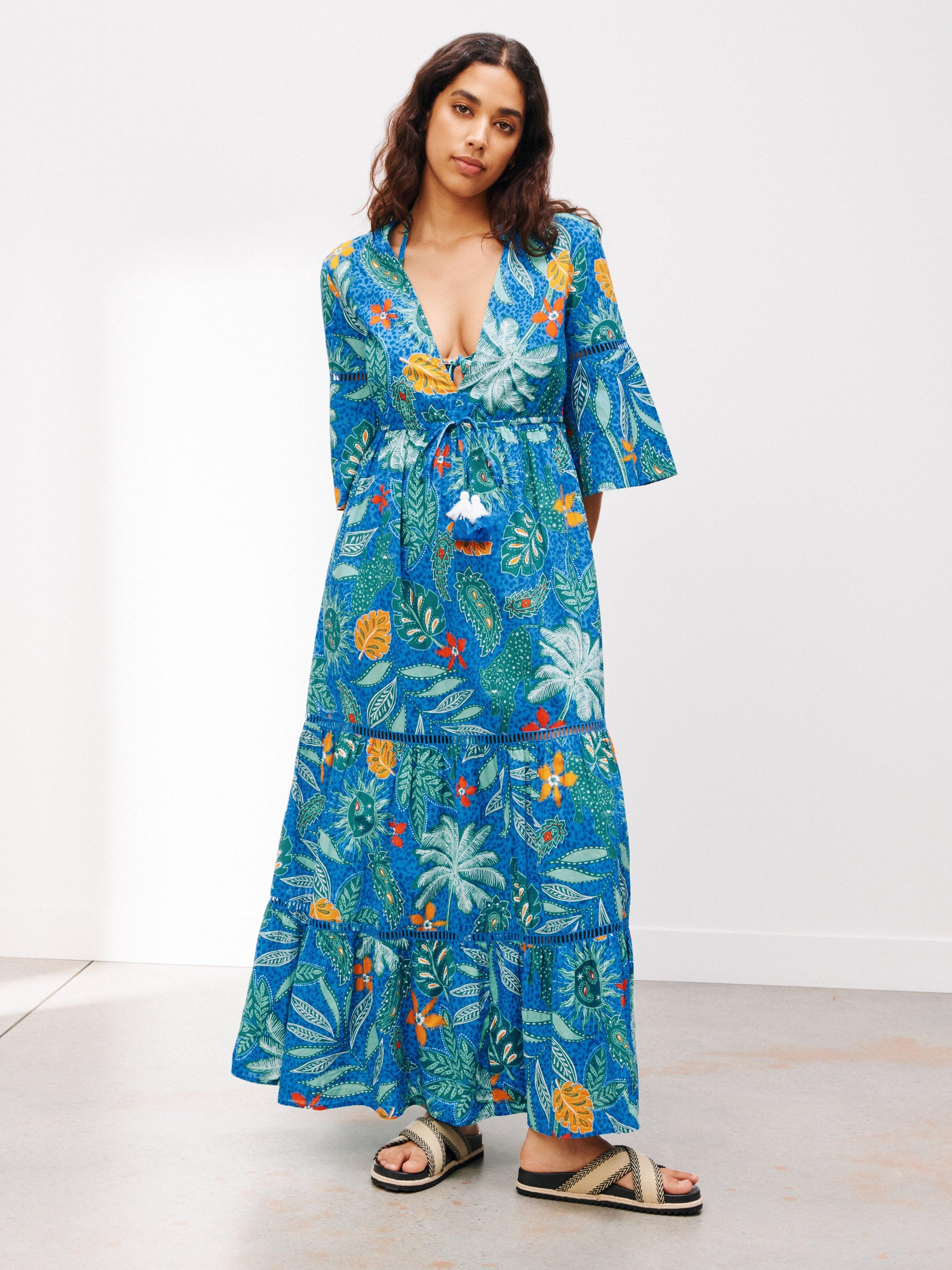 AND/OR Maui Palm Boho Beach Kaftan, Blue/Orange