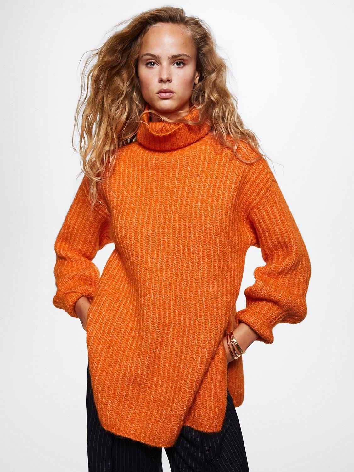 Mango Roll Neck Wool Blend Longline Jumper, Orange