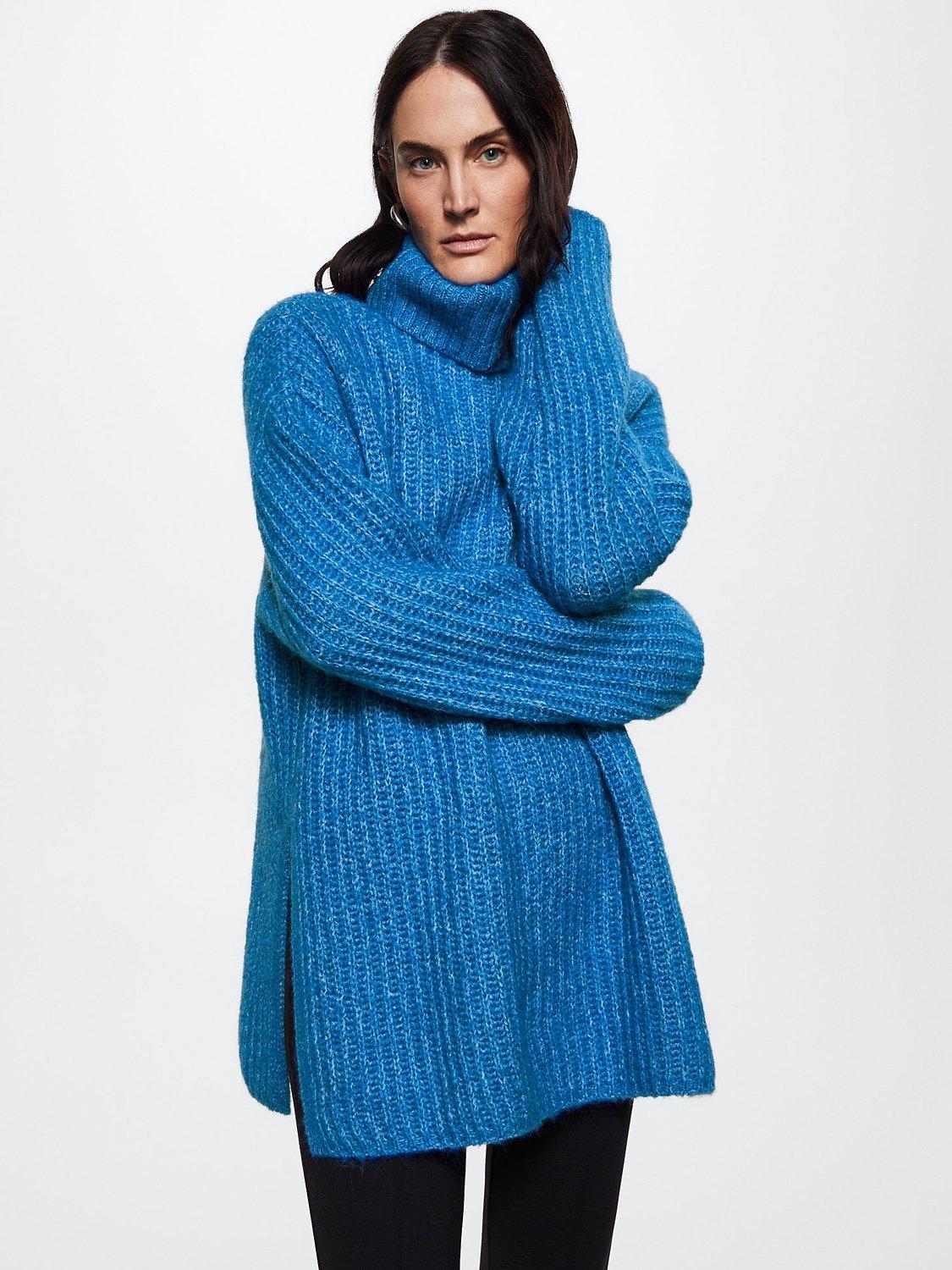 Mango Roll Neck Wool Blend Longline Jumper, Blue