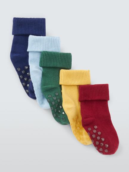 John Lewis Baby Organic Cotton Rich Roll Top Socks, Pack of 5, Blue/Multi
