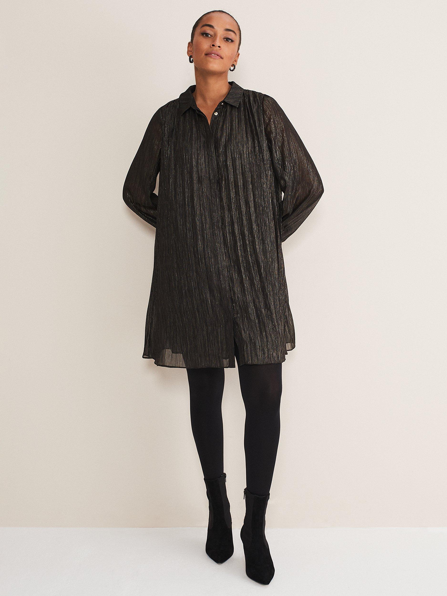 Phase Eight Tena Foil Pleated Mini Dress, Black/Pewter