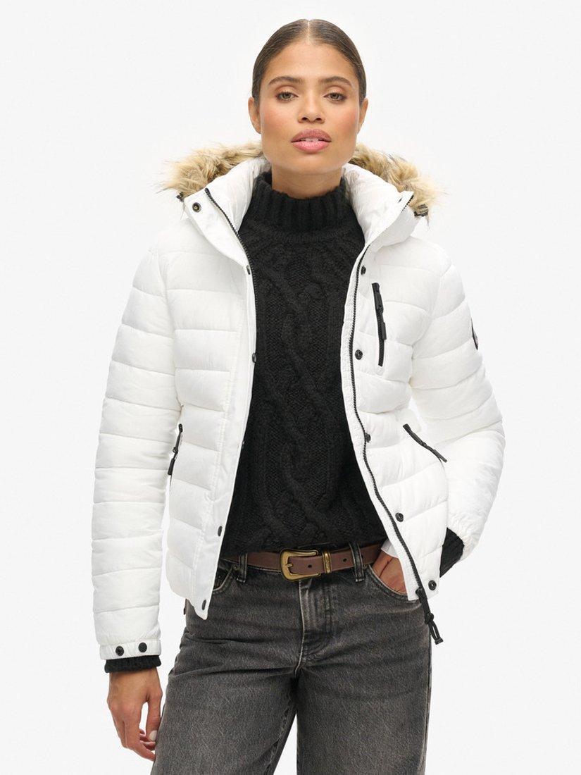 Superdry Faux Fur Short Hooded Puffer Jacket, White, 8