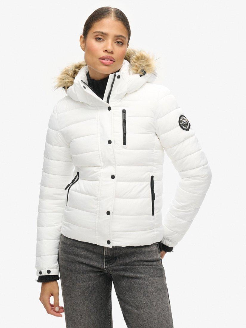 Superdry Faux Fur Short Hooded Puffer Jacket, White, 8