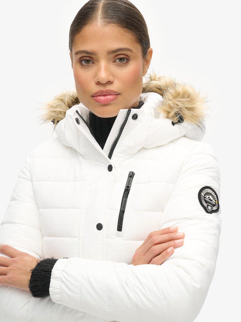 Superdry Faux Fur Short Hooded Puffer Jacket, White, 8