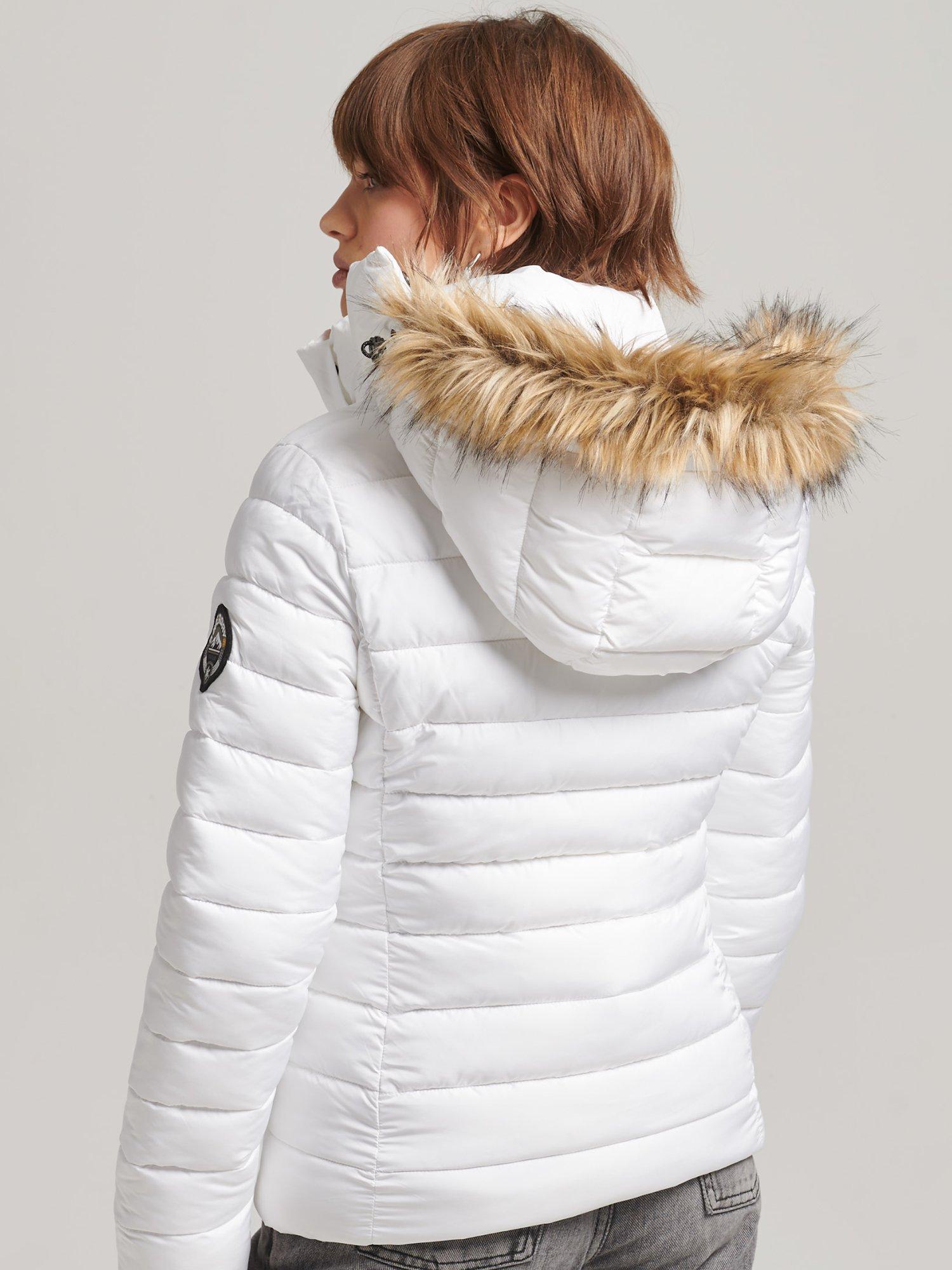 Superdry Faux Fur Short Hooded Puffer Jacket, White, 8