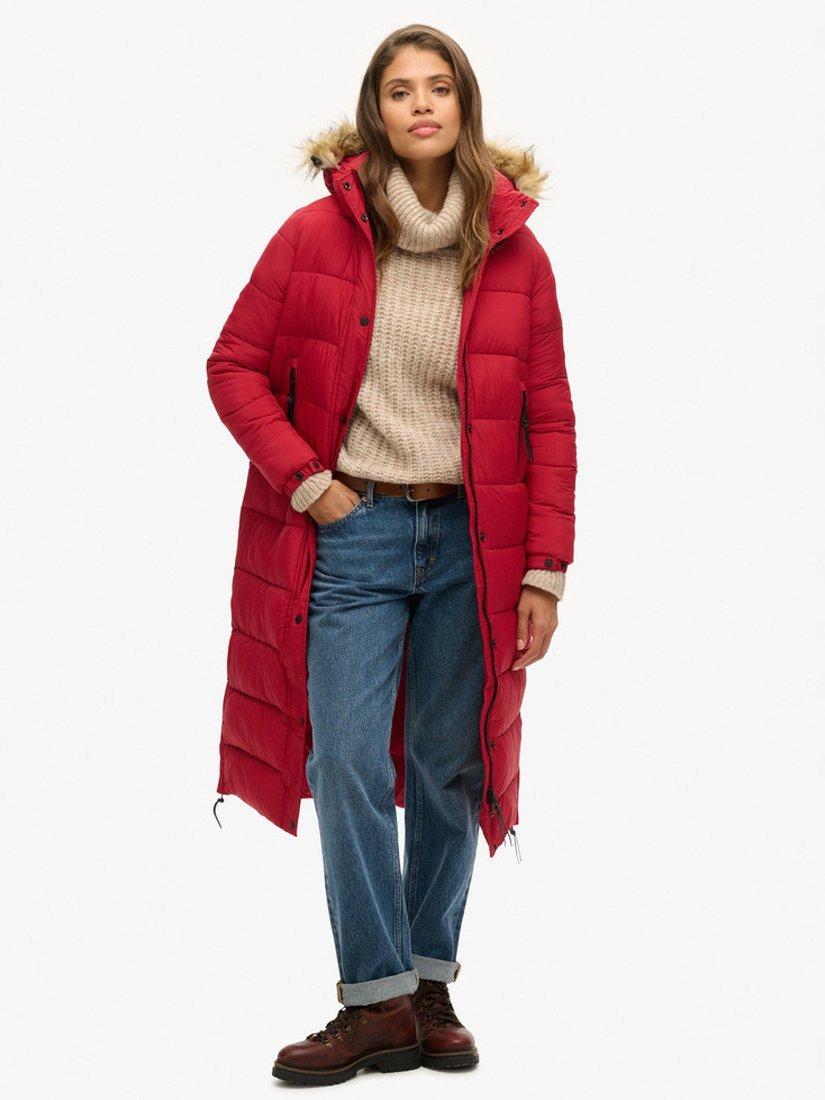 Product image 1 of 8, which shows Superdry Faux Fur Hooded Longline Puffer Coat, Red, 16