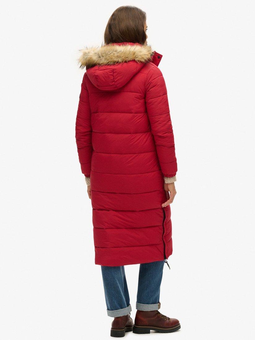 Product image 8 of 8, which shows Superdry Faux Fur Hooded Longline Puffer Coat, Red, 16