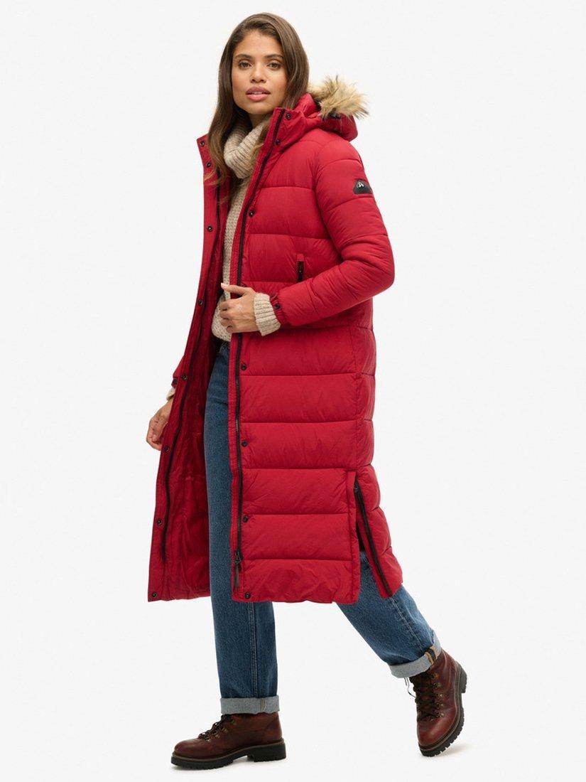 Product image 2 of 8, which shows Superdry Faux Fur Hooded Longline Puffer Coat, Red, 16