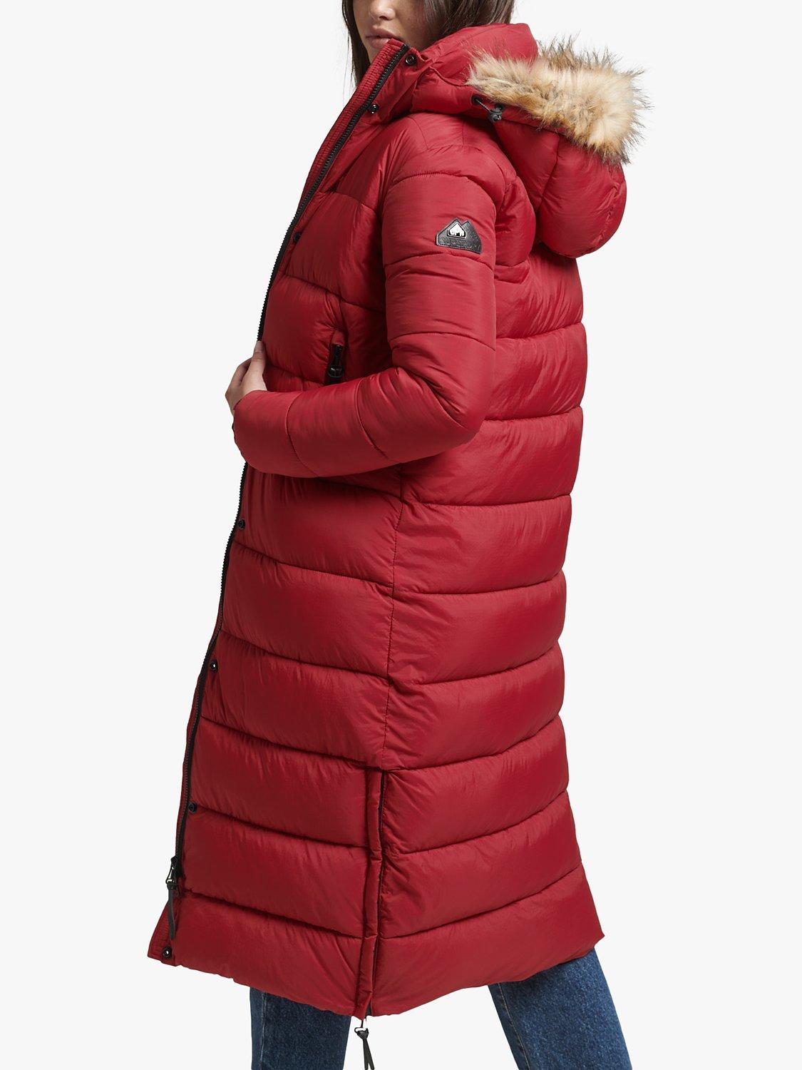 Product image 3 of 8, which shows Superdry Faux Fur Hooded Longline Puffer Coat, Red, 16