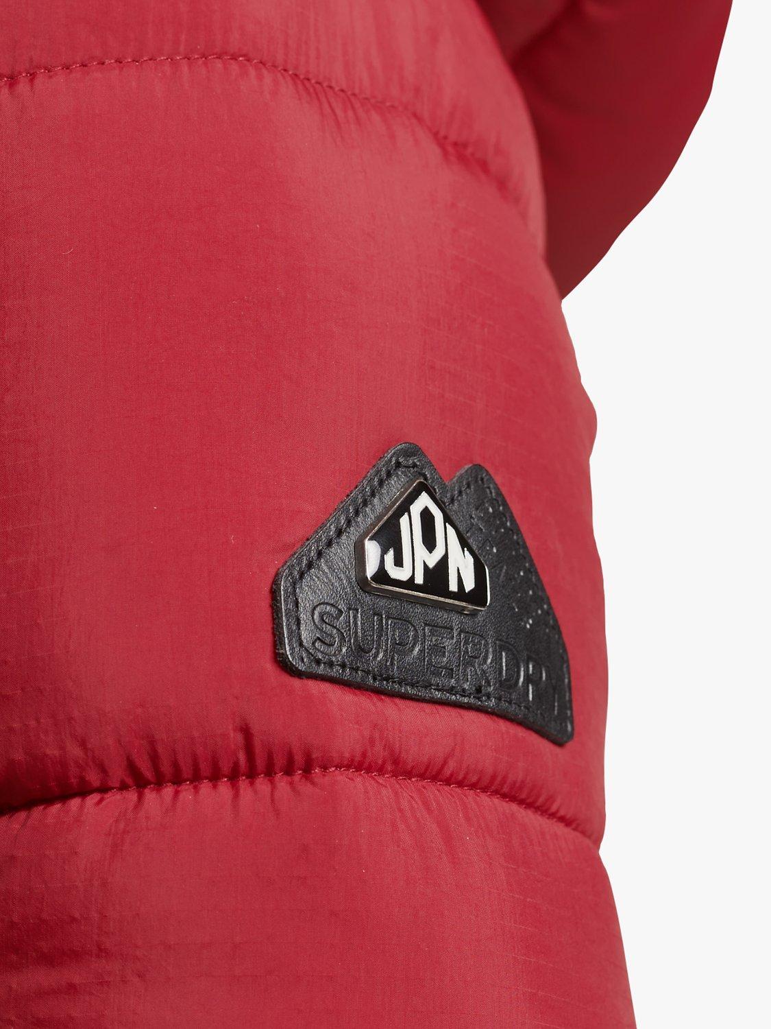 Product image 4 of 8, which shows Superdry Faux Fur Hooded Longline Puffer Coat, Red, 16