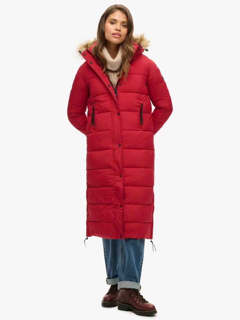 Product image 5 of 8, which shows Superdry Faux Fur Hooded Longline Puffer Coat, Red, 16