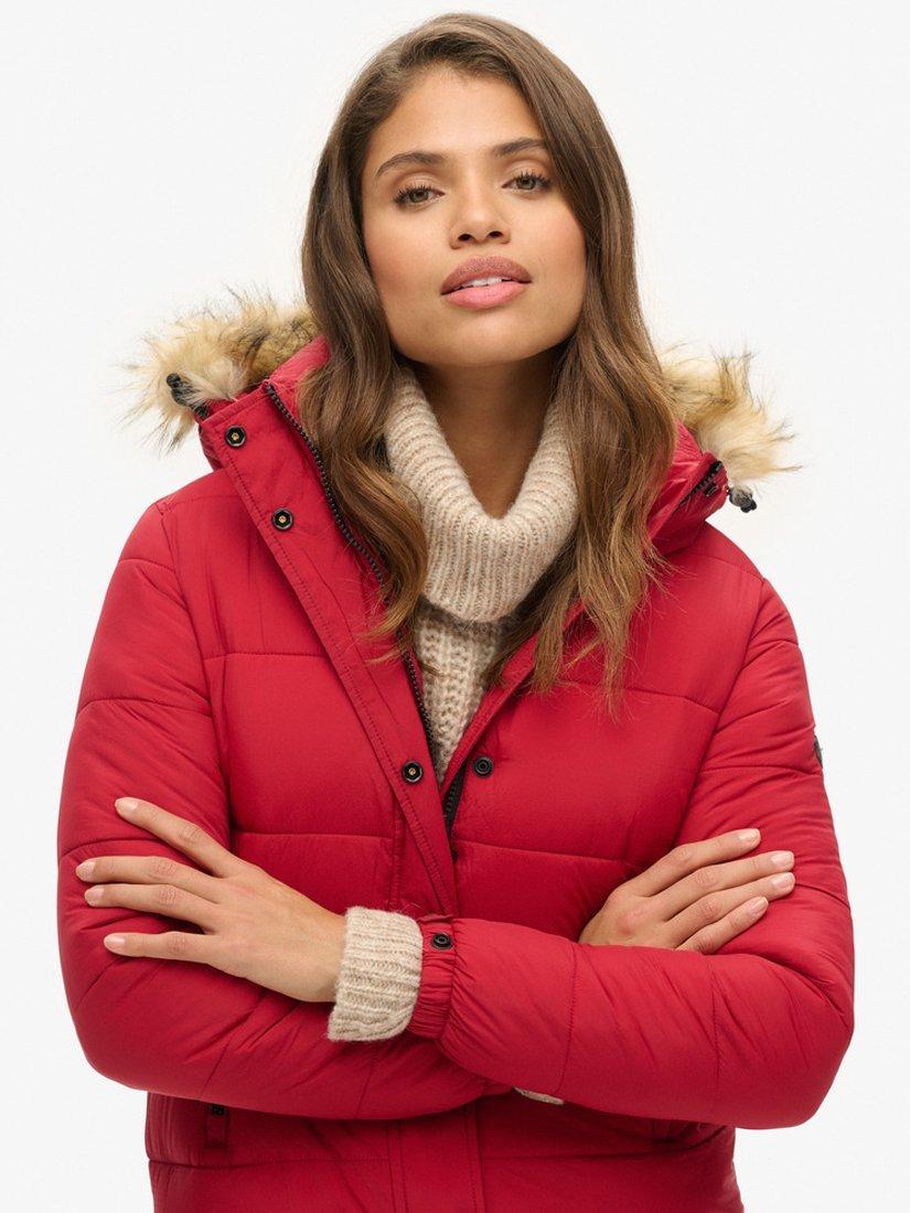 Product image 6 of 8, which shows Superdry Faux Fur Hooded Longline Puffer Coat, Red, 16